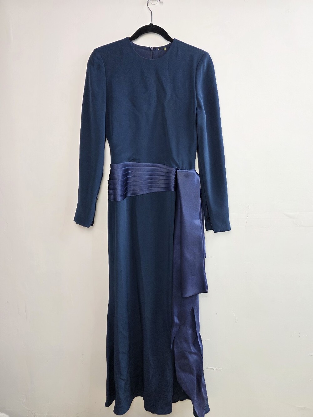 Carolina Herrera Navy Long-Sleeve Maxi Dress Gown with Pleated Sash Vintage